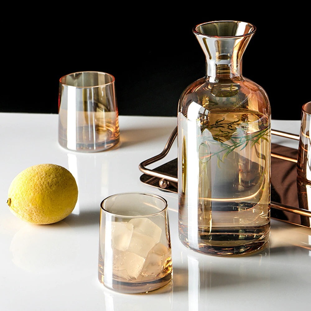 Service de Bouilloire à eau et jus 1l avec 6 verres et couvercle en bois