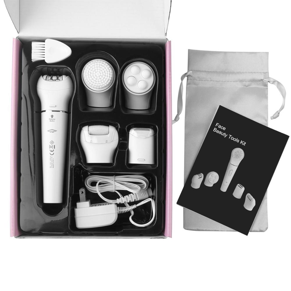 5 en 1 Epilateur rechargeable & imperméable et de soins de la peau avec brosse nettoyante, masseur facial