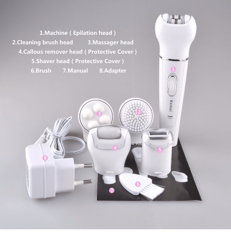 5 en 1 Epilateur rechargeable & imperméable et de soins de la peau avec brosse nettoyante, masseur facial