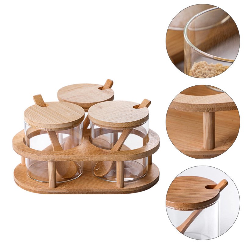 Série De 3 Boîtes A Épices En Verre Avec Cuillère En Bois