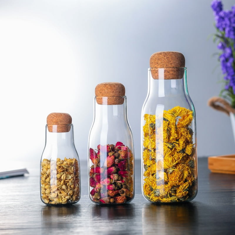 Lot de 3 Bocals en Verre Borosilicate avec Couvercles en Liège