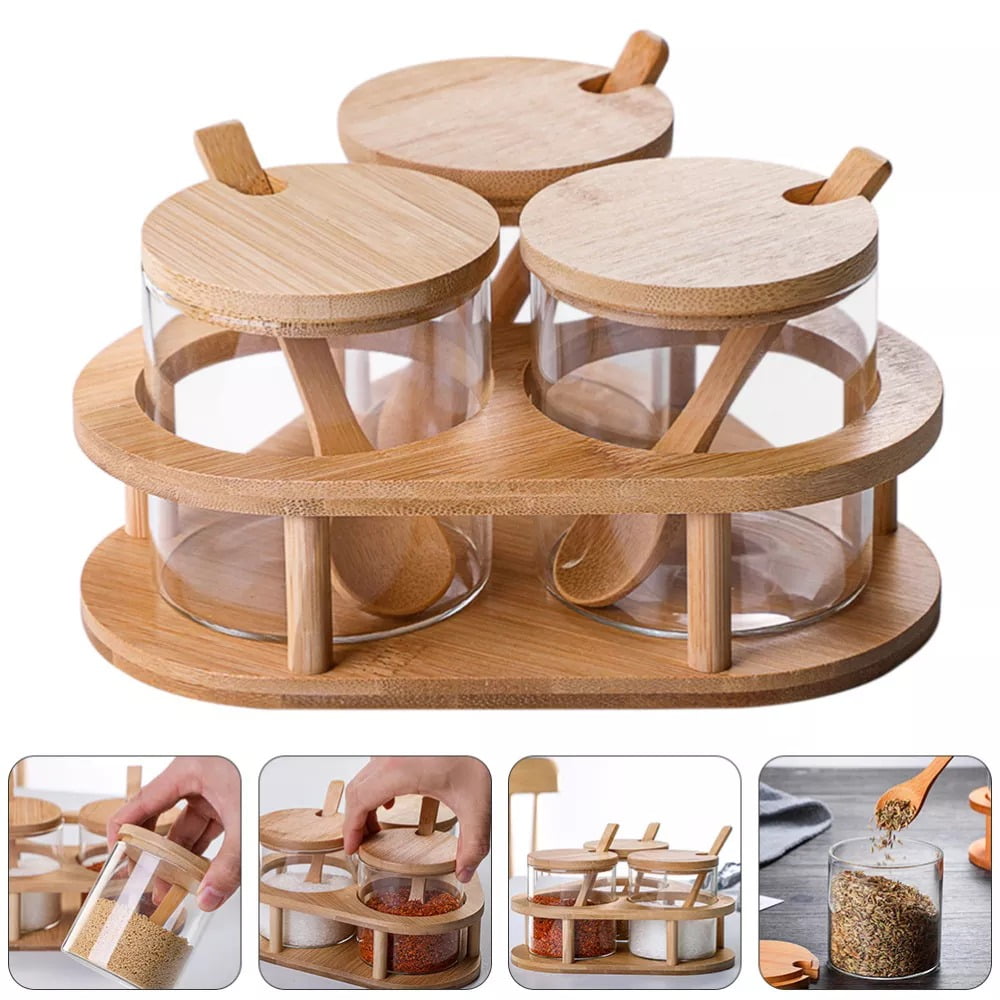 Série De 3 Boîtes A Épices En Verre Avec Cuillère En Bois