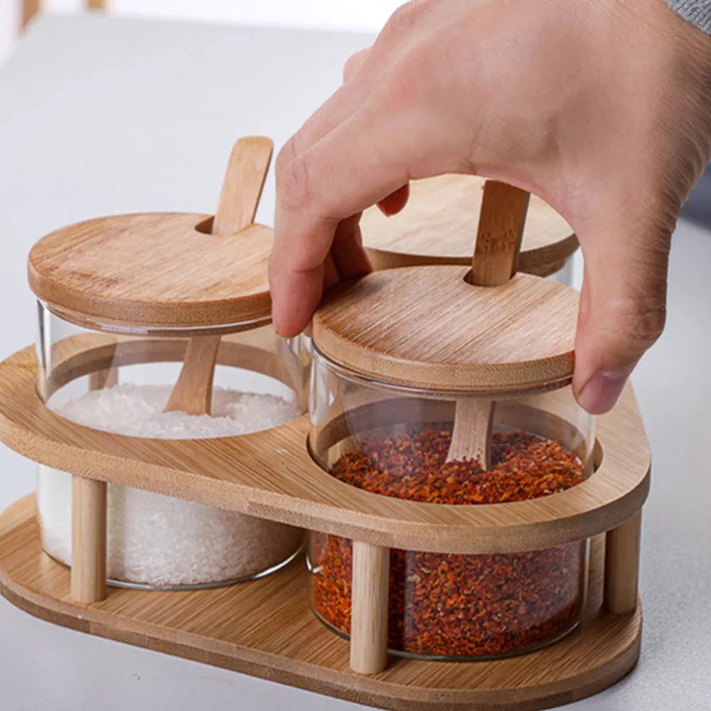 Série De 3 Boîtes A Épices En Verre Avec Cuillère En Bois