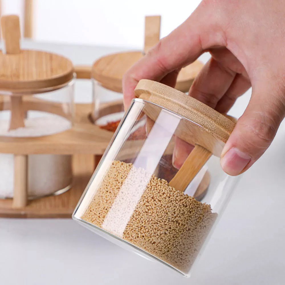 Série De 3 Boîtes A Épices En Verre Avec Cuillère En Bois
