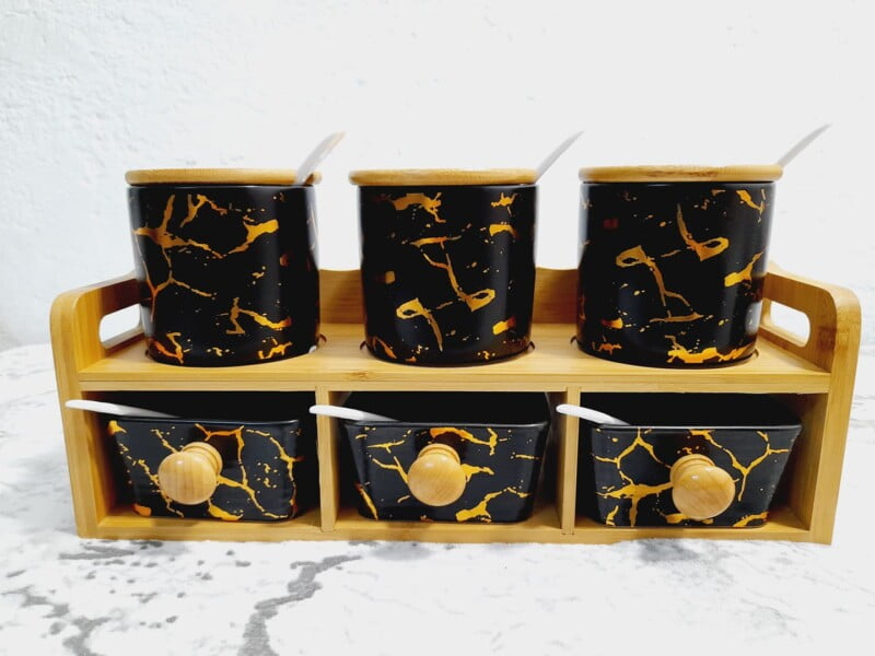 6 Pots à épices en céramique avec support en bois