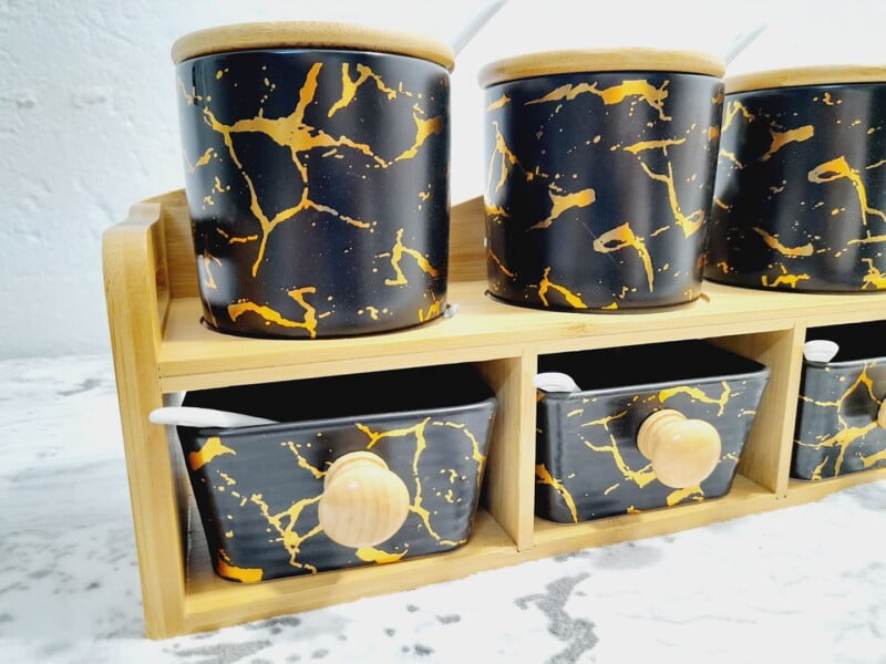 6 Pots à épices en céramique avec support en bois