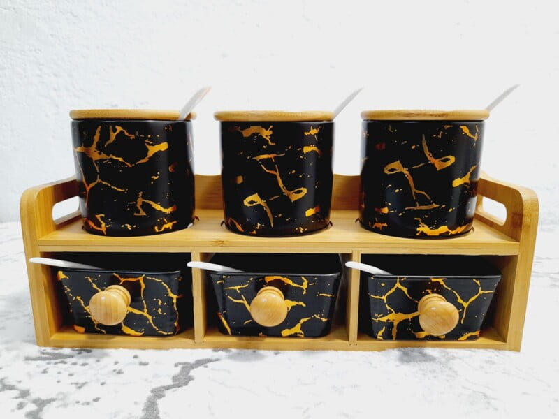 6 Pots à épices en céramique avec support en bois