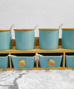 Set de 8 Pots à épices en céramique avec support en bois