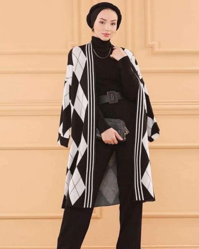 Ensemble de 3 pièces pour femmes ref 2489 en laine Noir-gris