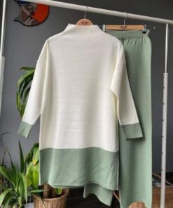 Ensemble de 2 pièces pour femmes, pull Long blanc, pantalon vert clair