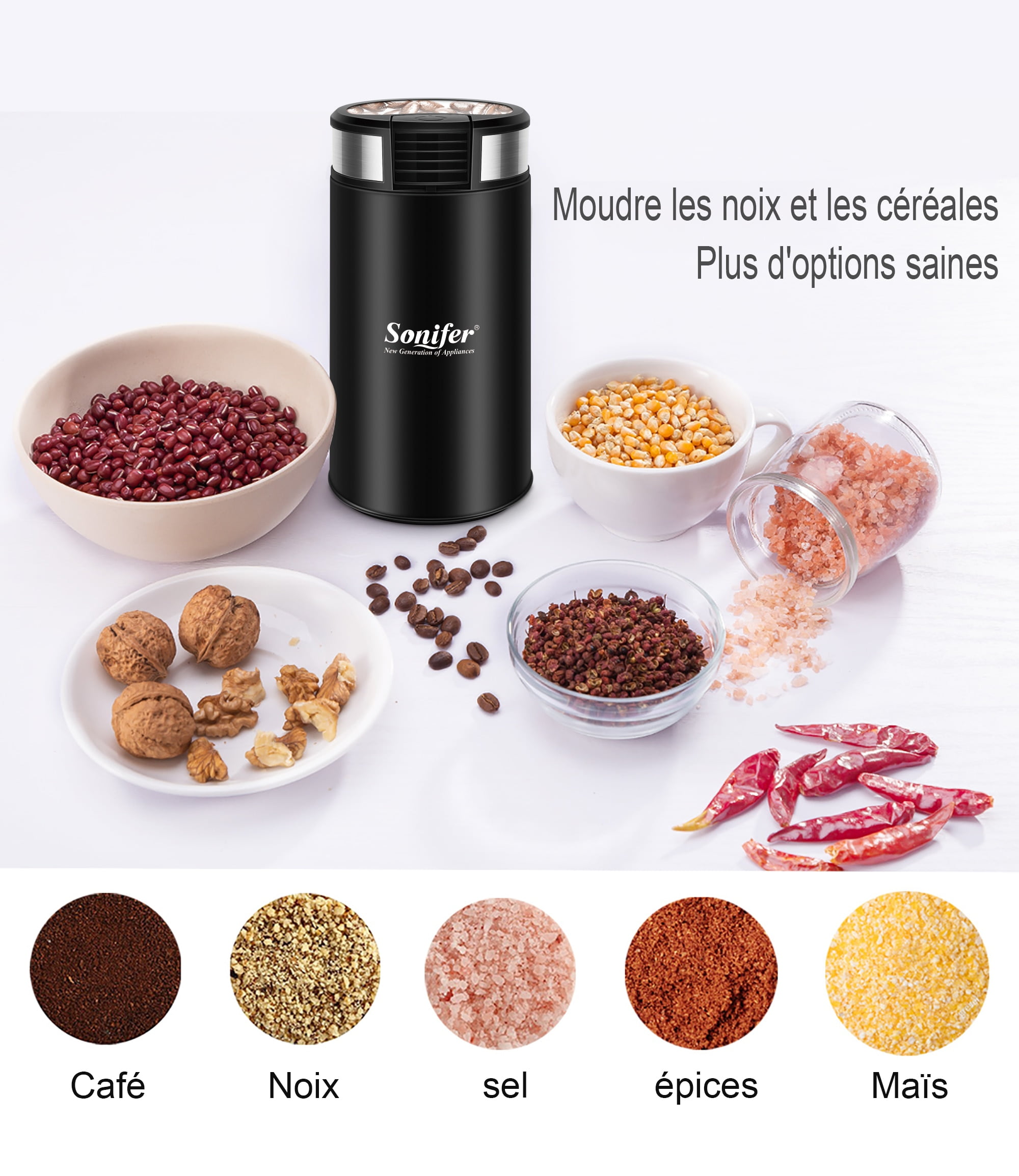 Broyeur électrique Multifonction pour céréales noix haricots épices Grains en acier inoxydable