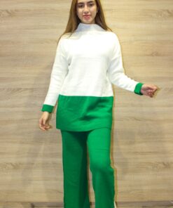Ensemble de 2 pièces pour femmes, pull Long blanc, pantalon vert
