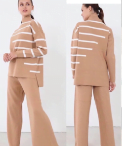 Ensemble de 2 pièces pour femmes modèle caramel rayé blanc