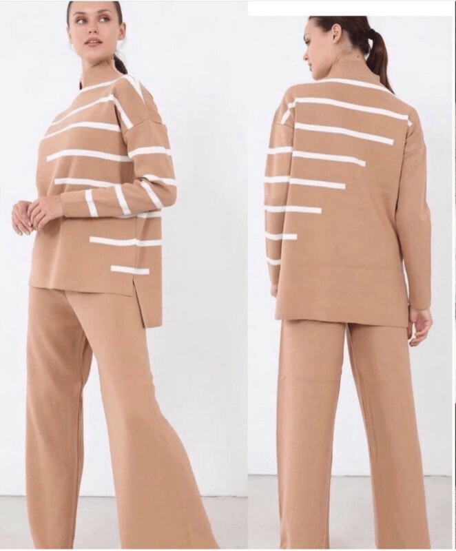 Ensemble de 2 pièces pour femmes modèle caramel rayé blanc