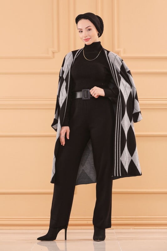 Ensemble de 3 pièces pour femmes ref 2489 en laine Noir-gris
