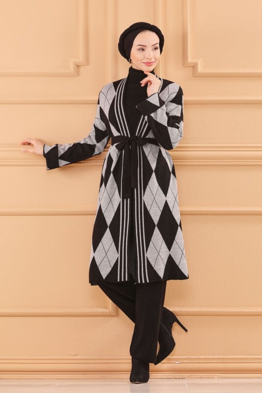 Ensemble de 3 pièces pour femmes ref 2489 en laine Noir-gris