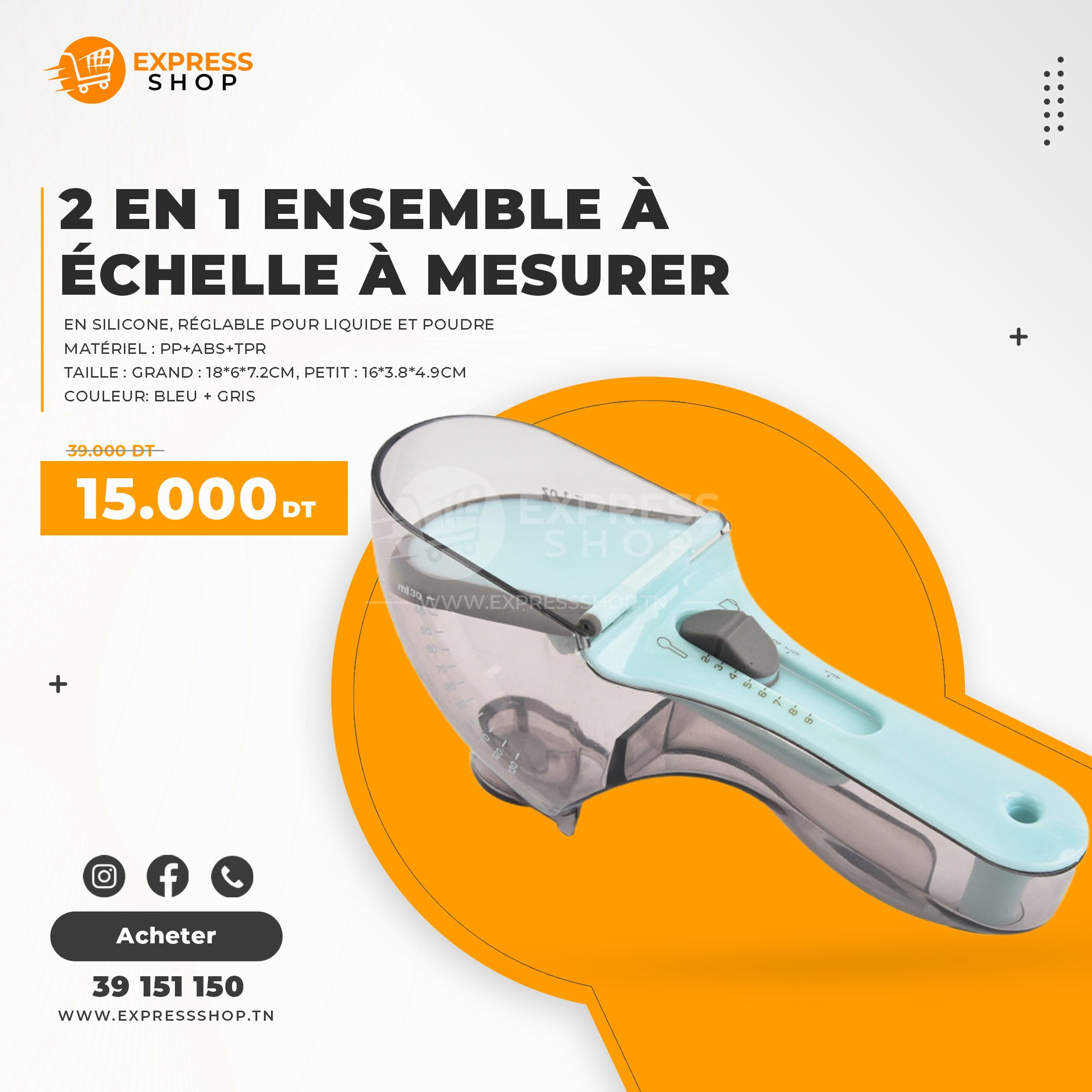 2 en 1 Ensemble à échelle en silicone à mesurer réglable pour liquide et poudre 2 en 1 Ensemble à échelle en silicone à mesurer réglable pour liquide et poudre