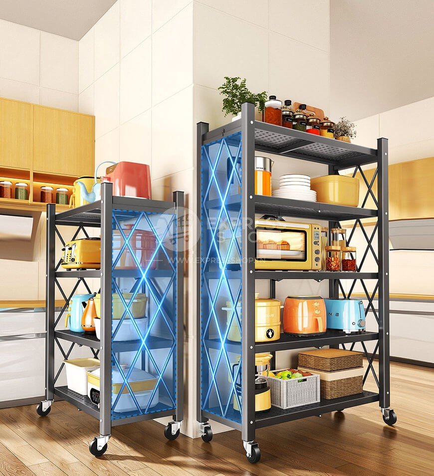 Étagère de rangement pliable à 4/5 niveaux, Multifonctionnel et sans installation avec 4 roues - Tenir 300kg