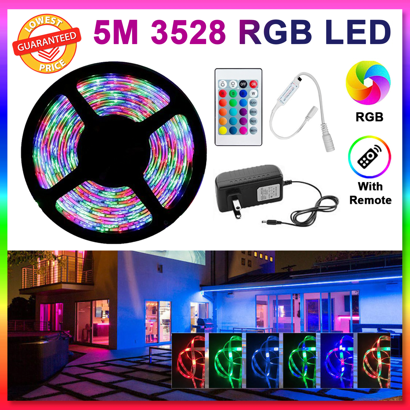 Multifonction 5M Bande lumineuse LED RVB flexible etanche 24 touches télécommande