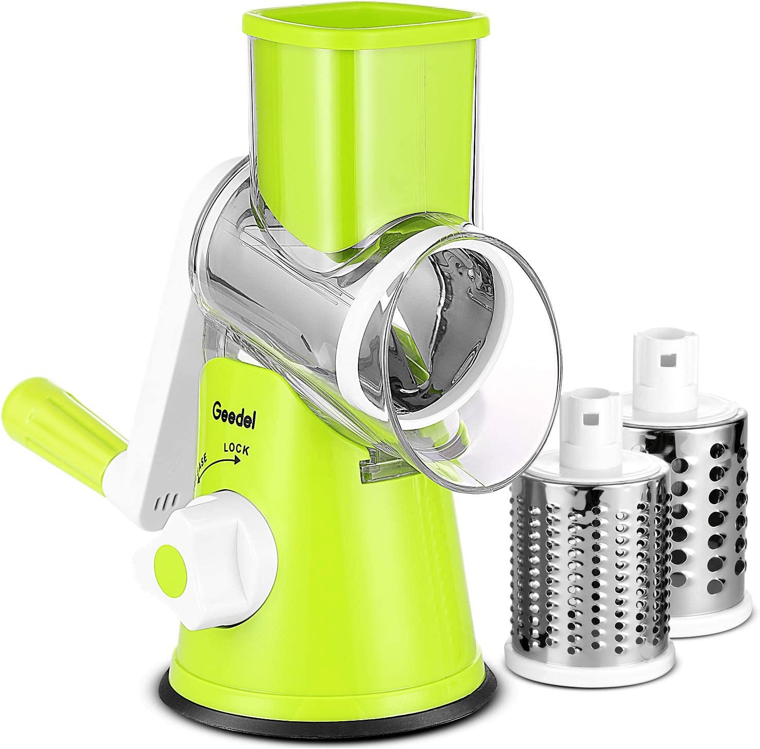 3 en 1 Râpe rotative avec 3 lames interchangeables pour fromage, noix, légumes