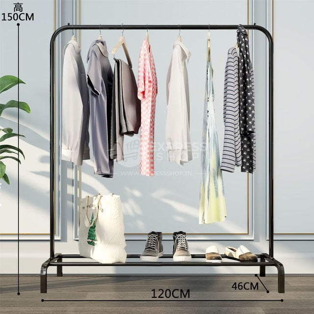 4 en1 Support à vêtements, chaussures en métal avec étagère de rangement charge > 48kg