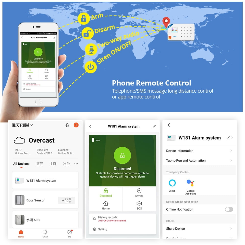 KERUI système d’alarme de sécurité Tuya Smart WIFI GSM, détecteur de mouvement et de fumée