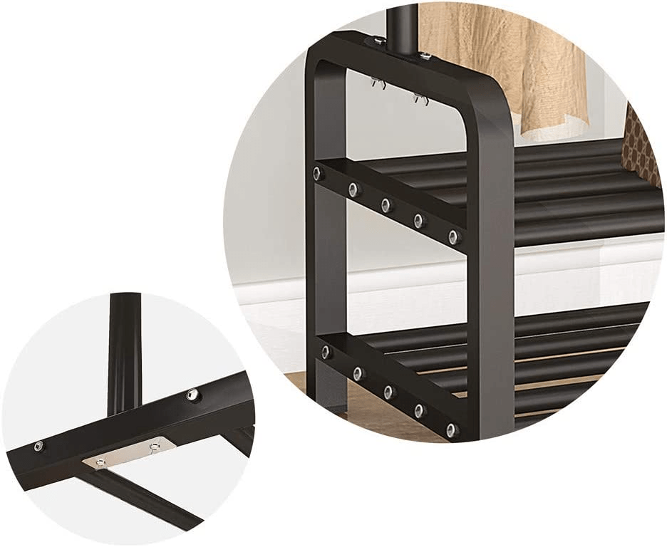 4 en1 Support à vêtements, chaussures en métal avec étagère de rangement, 6 crochets charge > 48kg