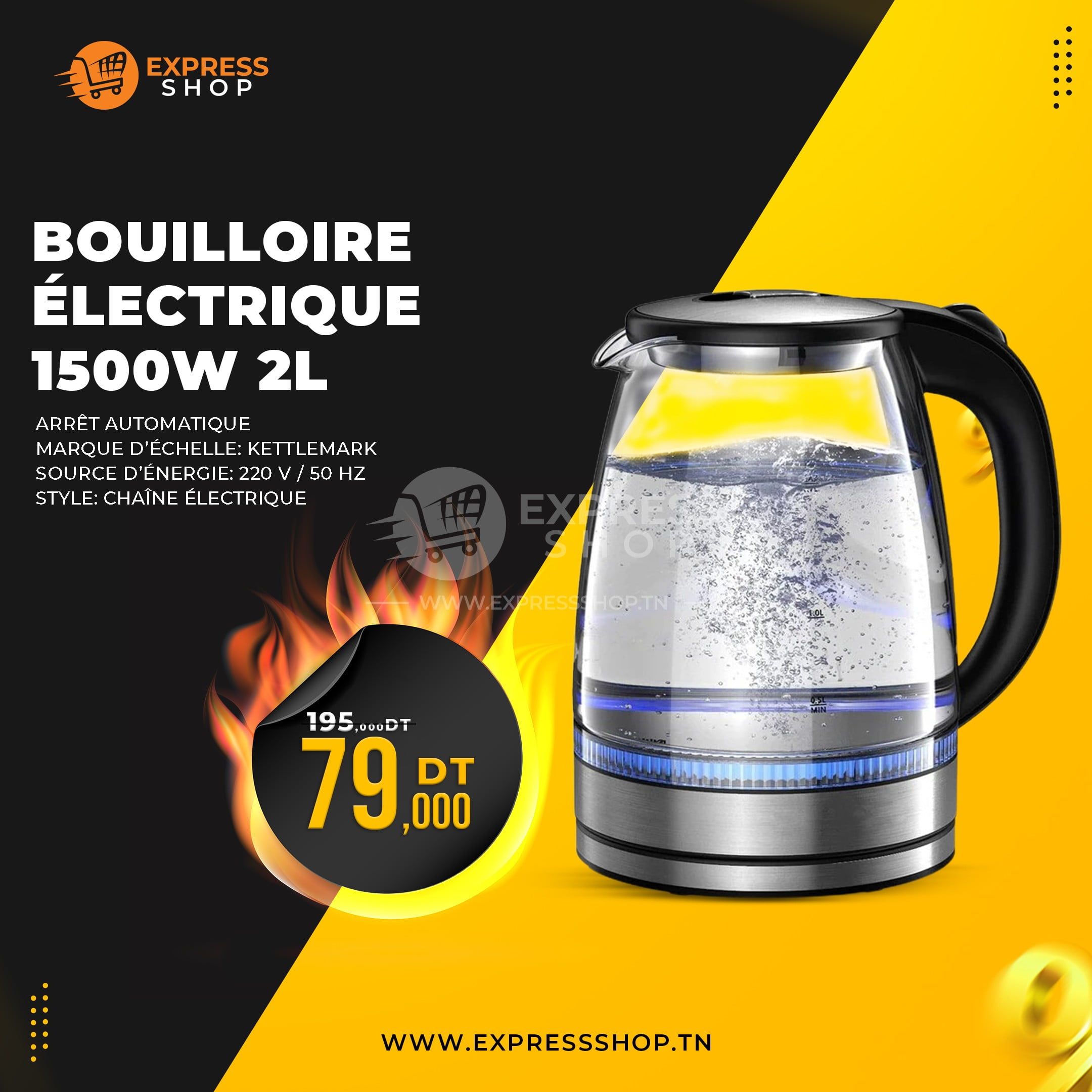 Bouilloire électrique 1500W 2L arrêt automatique Protection contre l'ébouillante avec filtre INOX (ORIGINAL)