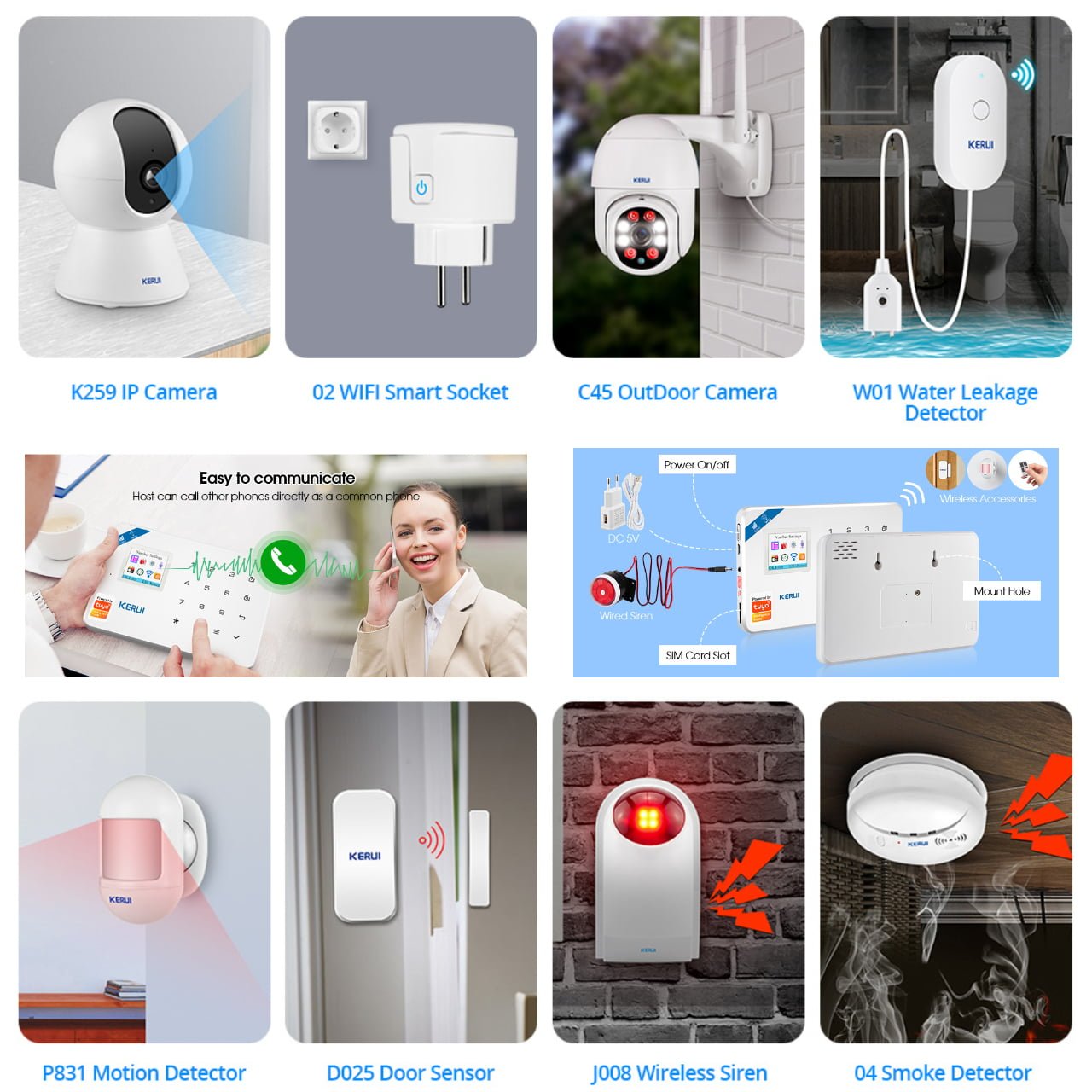 KERUI- Système dalarme de sécurité complet avec deux cameras Tuya Alexa Smart WIFI GSM, détecteur de mouvement GAZ et fumée