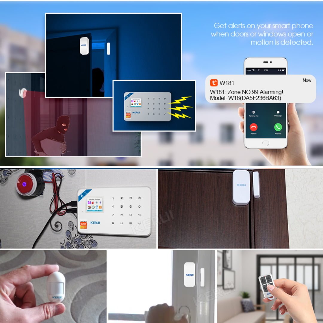 KERUI- Système dalarme de sécurité complet avec deux cameras Tuya Alexa Smart WIFI GSM, détecteur de mouvement GAZ et fumée