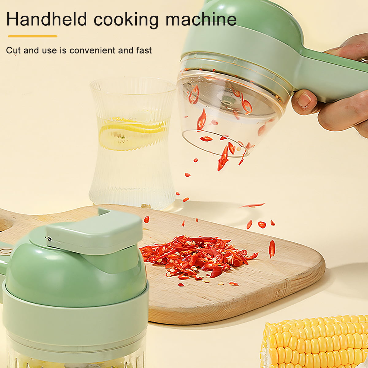 Ensemble de coupe-légumes électrique portable 4 en 1 sans fil avec brosse pour ail, poivre, piment, oignon, céleri, gingembre, viande, légumes et découpe-légumes