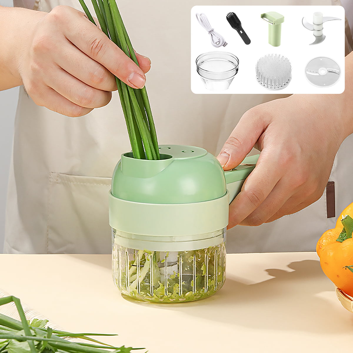 Ensemble de coupe-légumes électrique portable 4 en 1 sans fil avec brosse pour ail, poivre, piment, oignon, céleri, gingembre, viande, légumes et découpe-légumes