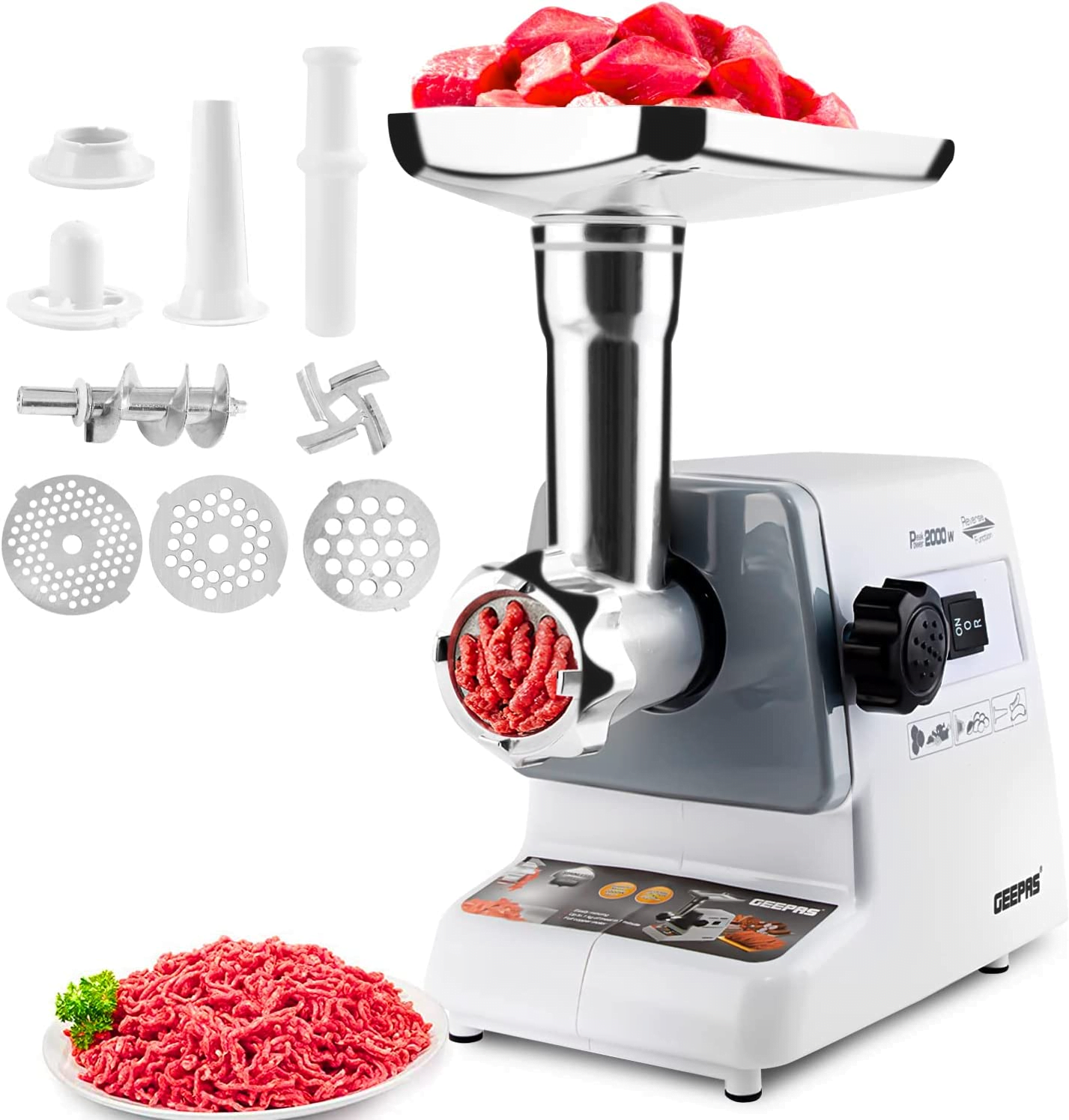 Hachoir à viande 1000 watts avec 3 disques de coupe en acier inoxydable