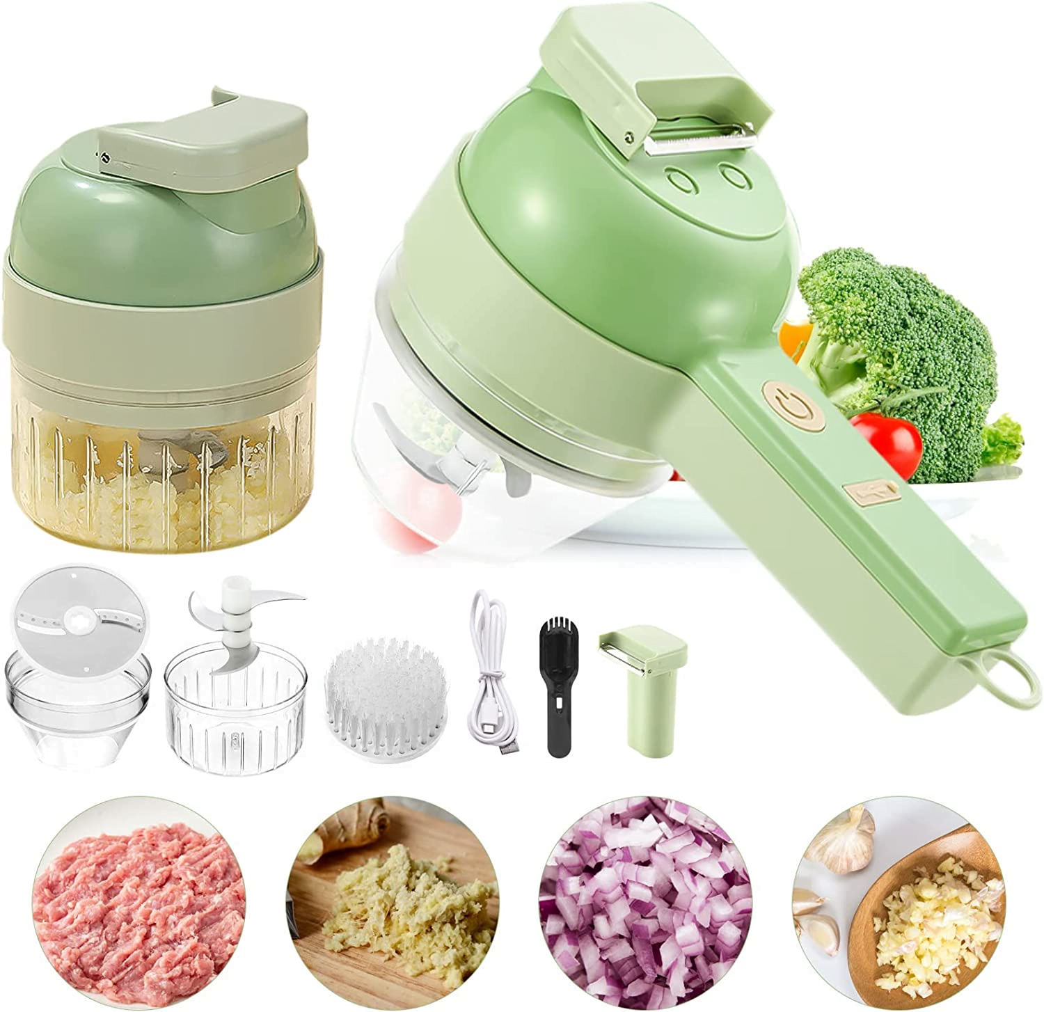 Ensemble de coupe-légumes électrique moteur puissant portable 4 en 1 sans fil avec brosse pour viande, ail, poivre, piment, oignon, céleri