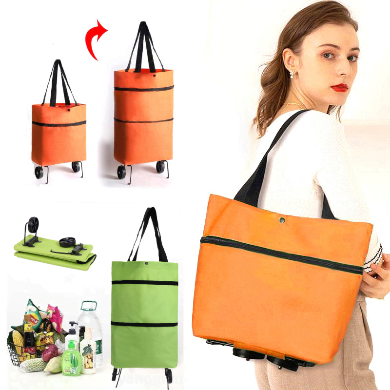 2 en 1 Sac et chariot de courses pliable en tissu Oxford avec roulettes multifonctionnel et de grande capacité