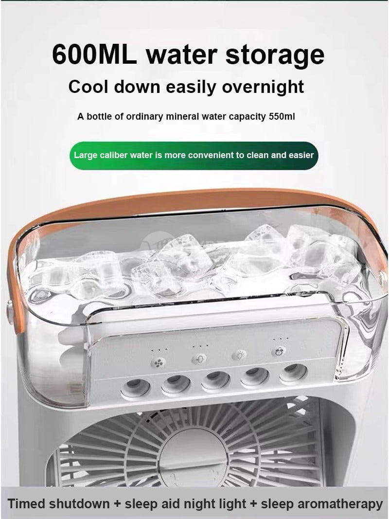 3 en 1 mini climatiseur portable par évaporation avec lumière LED 7 couleurs, 3 vitesses de vent et 3 modes de pulvérisation