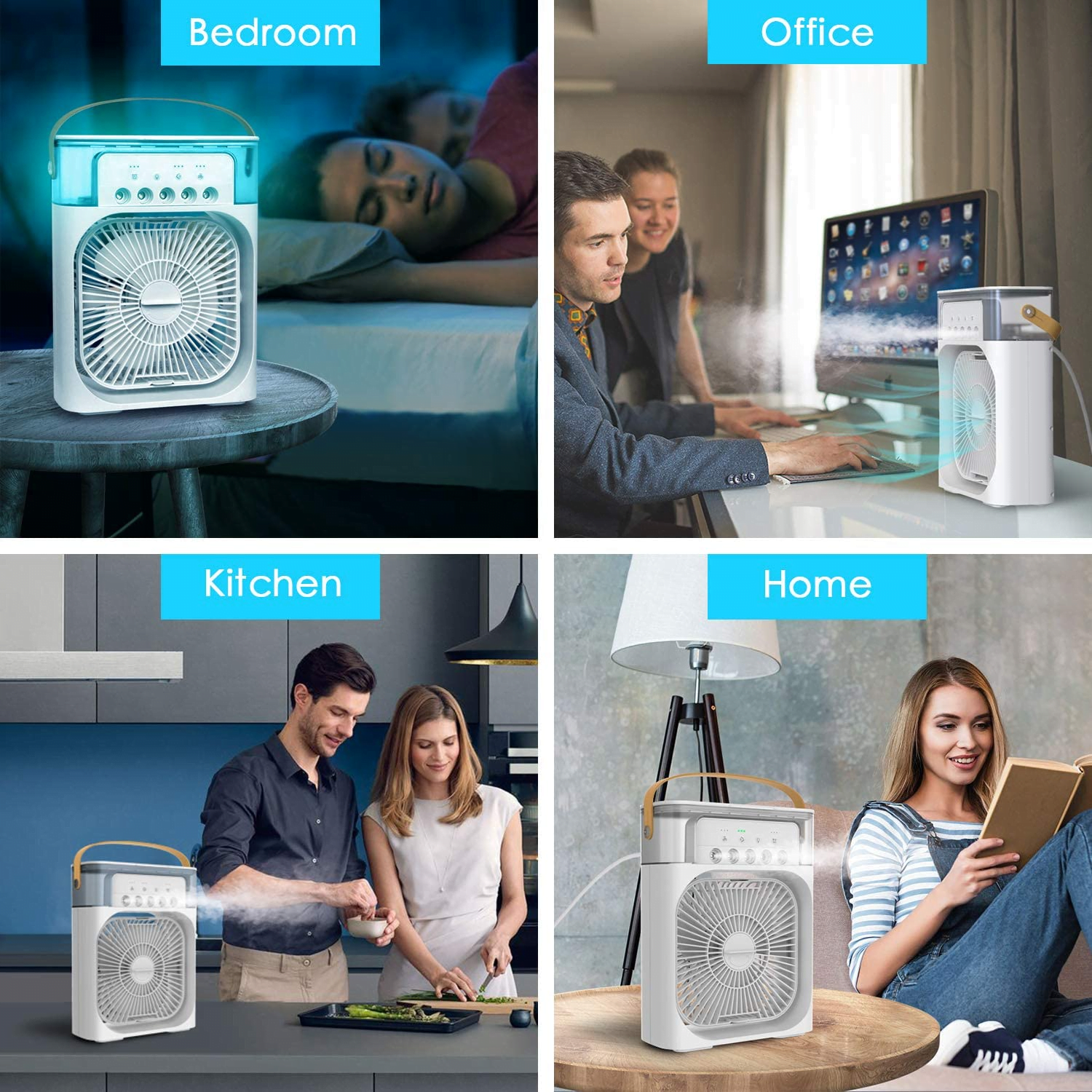 3 en 1 mini climatiseur portable par évaporation avec lumière LED 7 couleurs, 3 vitesses de vent et 3 modes de pulvérisation
