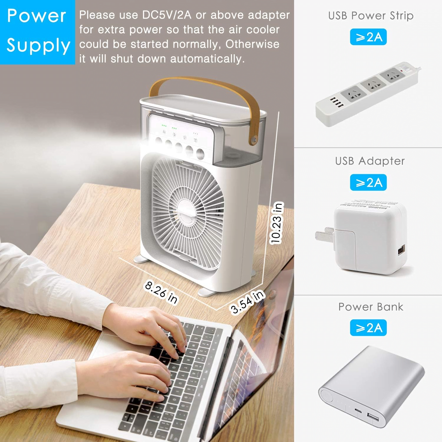 3 en 1 mini climatiseur portable par évaporation avec lumière LED 7 couleurs, 3 vitesses de vent et 3 modes de pulvérisation