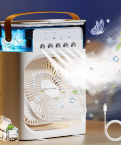 3 en 1 mini climatiseur portable par évaporation avec lumière LED 7 couleurs, 3 vitesses de vent et 3 modes de pulvérisation