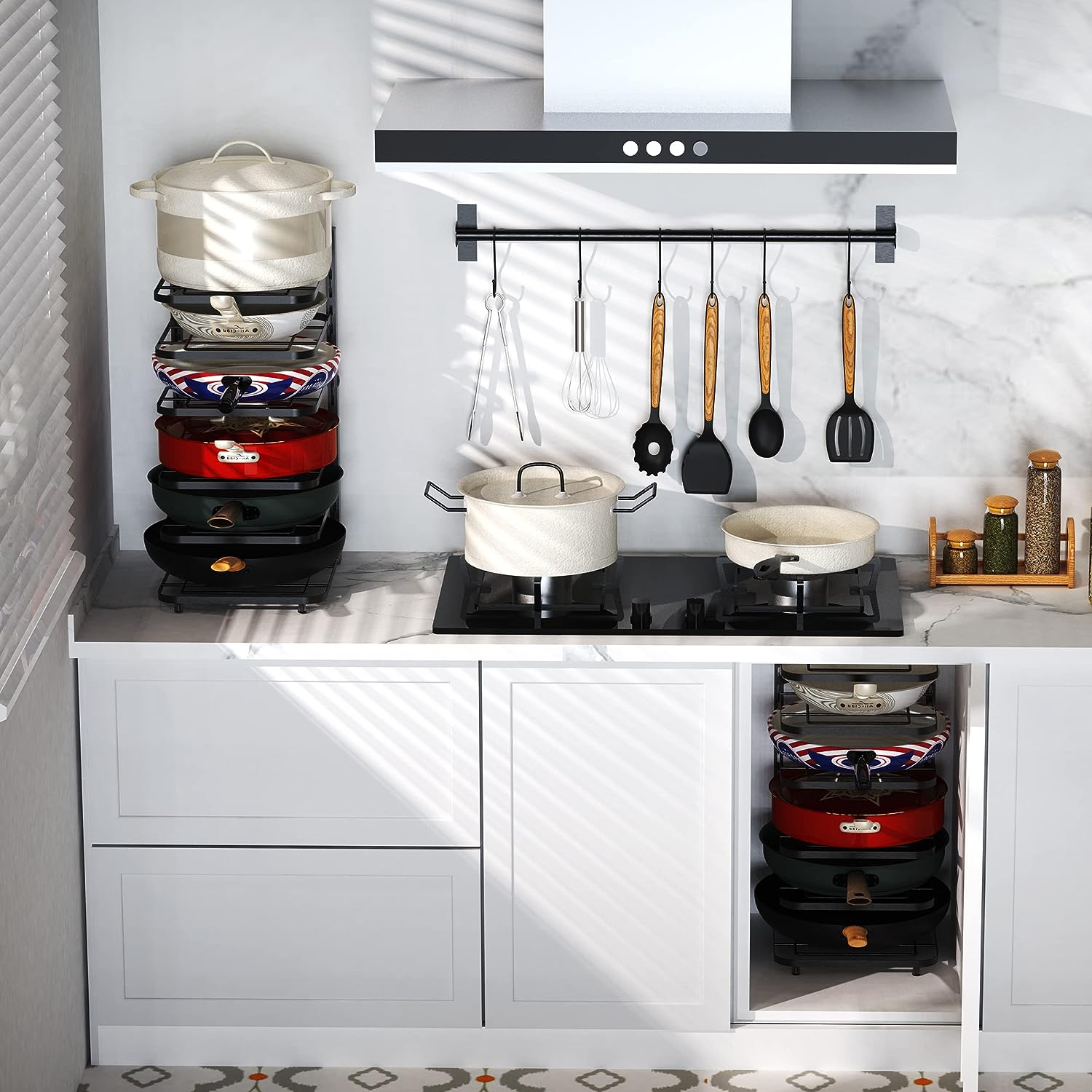 Étagère à pots en acier inoxydable multi-niveaux et réglable pour ustensiles de cuisine