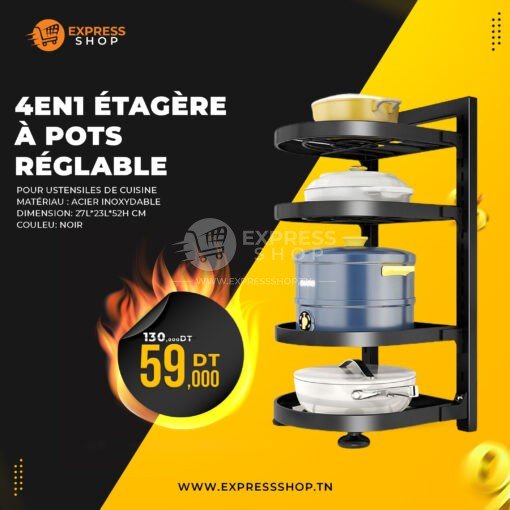 4en1 Étagère à pots en acier inoxydable multi-niveaux et réglable pour ustensiles de cuisine