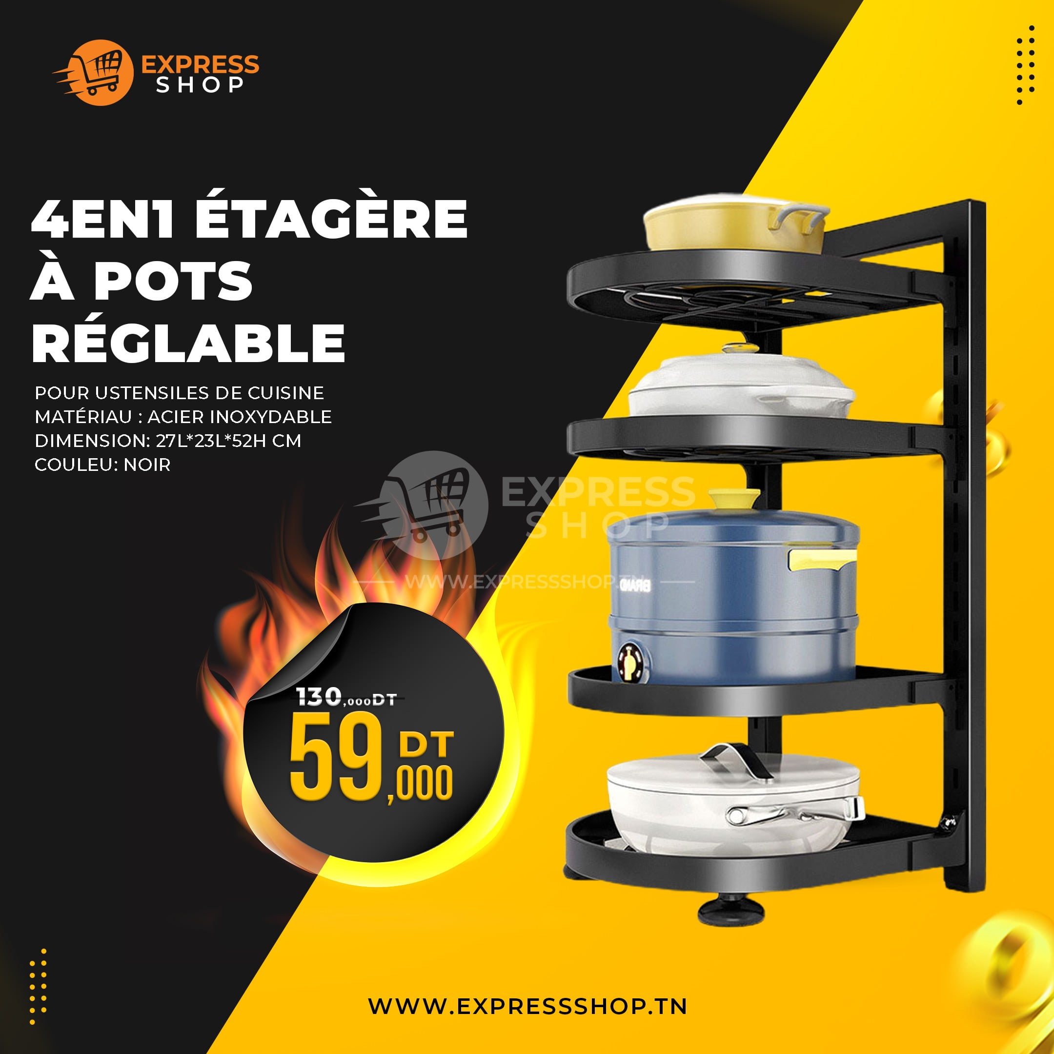 4en1 Étagère à pots en acier inoxydable multi-niveaux et réglable pour ustensiles de cuisine