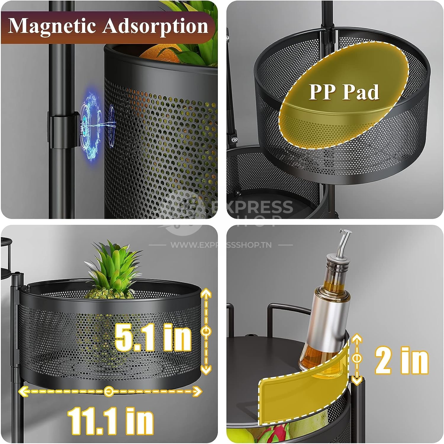 Étagère à légumes rotative à 4/5 niveaux en acier inoxydable respirant pour cuisine et salle de bain