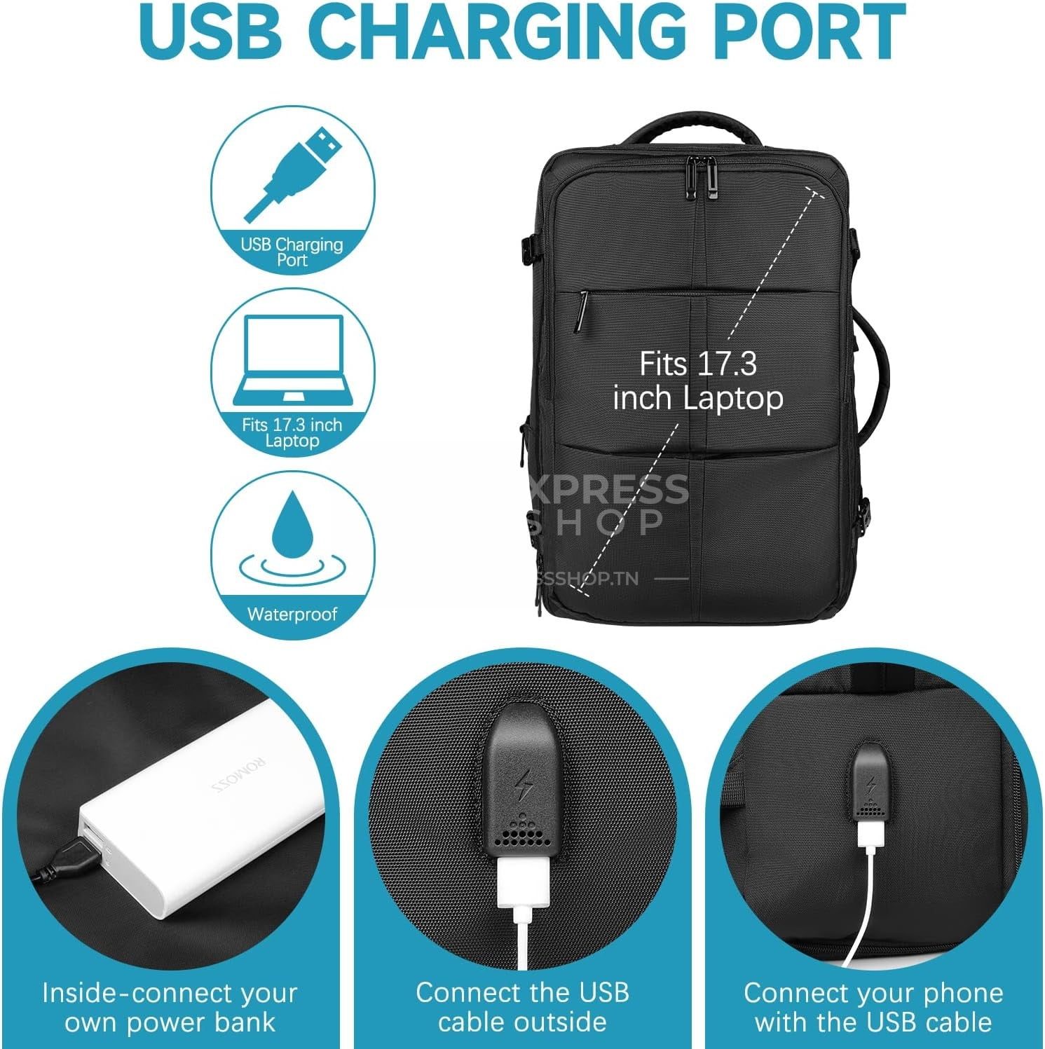 Venture - 4en1 Sac à dos d'affaires 45L extensible d'ordinateur étanches unisexe chargement USB 17 pouces